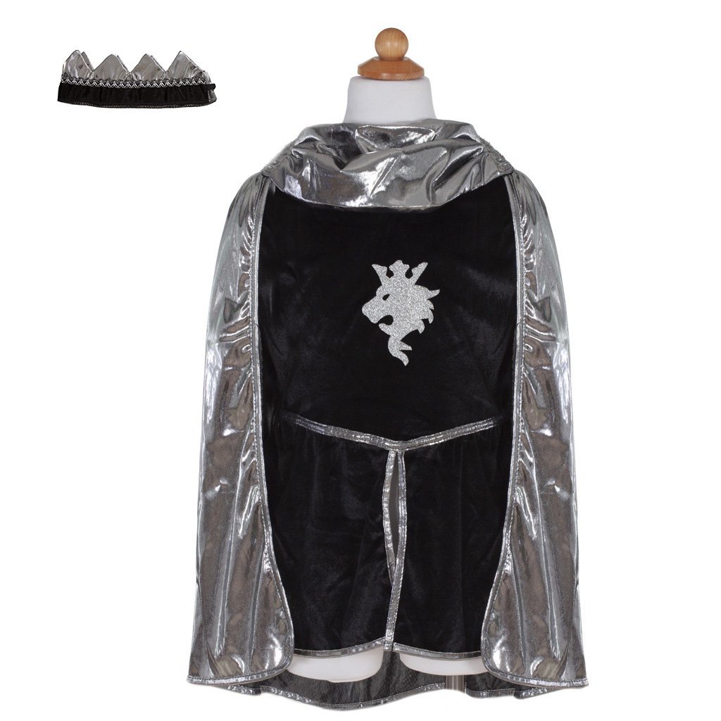 ENSEMBLE CHEVALIER ARGENTÉ AVEC TUNIQUE, CAPE ET COURONNE 5-6ANS